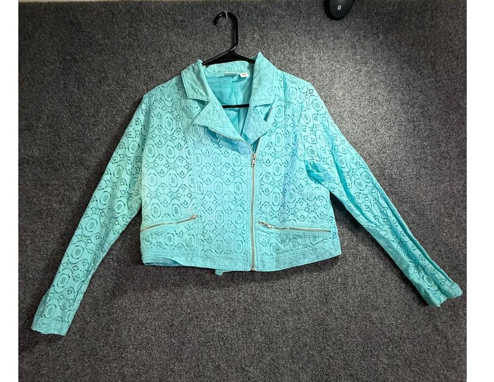 Cato Women's Turquoise Teal Blue Lace Full Zip Cropped Moto Jacket Size Large